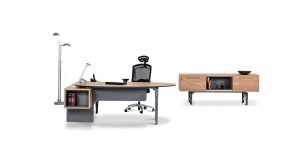 Capri executive desk offers two drawers and one sliding door with soft-close mechanism. It is equipped with cable entry cap and an electric hub with power outlet, network, microphone, USB and VGA socket. In the front of the desk, a box made of leather is designed for decorative accessories.