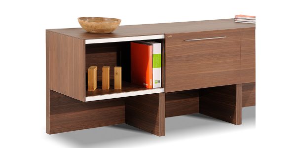 Alborz credenza, part of Alborz executive family, offers drawers to store personal and office supplies and two storage with sliding door mechanism to place binder.