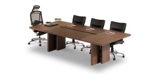 Alborz conference table, part of Alborz and Alvand executive family, offers a seal strip right in the middle of desk top for passing cable.